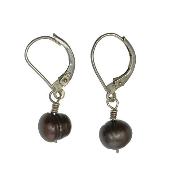 Vintage Sterling Silver 925 Round Chocolate Pearl Latchback Dangle Earrings - Picture 2 of 3